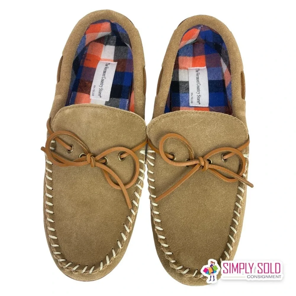 Vermont Country Store Moccasin Slippers Mens 10‎ Brown Suede All Season Cozy